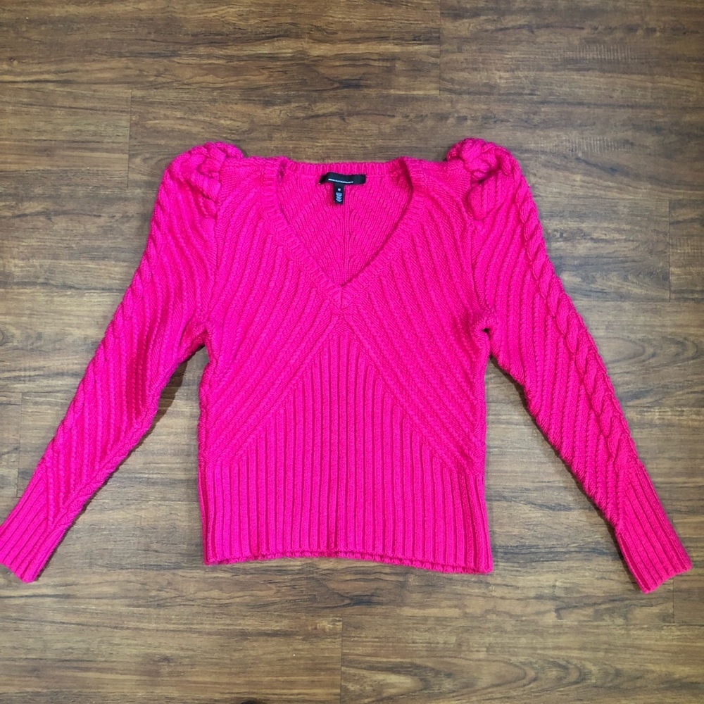 White House Black Market Hot Pink Ribbed V-Neck Sweater